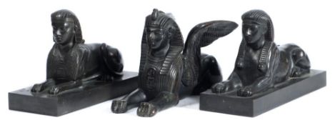 A pair of late 19th century bronze models of sphinx: raised on rectangular plinth bases, 15cm.