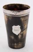 A Victorian horn and silver mounted beaker, maker's mark worn, London,