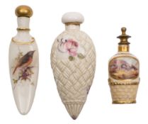 Three Worcester porcelain scent bottles and stoppers: comprising a Grainger & Co.
