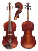 A late 19th century student violin: the two piece back of medium flame and curl,