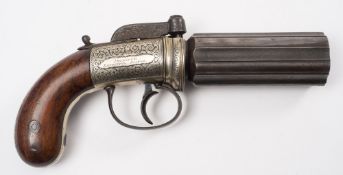 A single action six shot percussion cap pepperbox pistol by S Ebrall, Salop:,