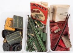 Meccano:, a collection of baseplates, spars,nuts, spans, bolts, gears and , wheels etc,