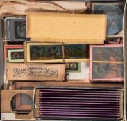 A collection of various transfer printed lantern slide:, various morals and subject matters.
