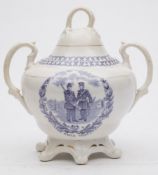 A Staffordshire commemorative porcelain sugar box and cover: of squat globular form with two
