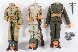 Three Action Man flock hair figures:, comprising US Machine Gunner, American paratrooper and USMC,