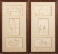 A framed group of six humorous sporting cartoons:, in two frames depicting gentlemen golfing,