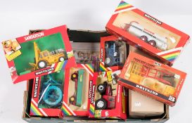 A boxed group of Britains farm vehicles:, No 9513 Sanderson Fork Lift, No 9574 Front End Loader,