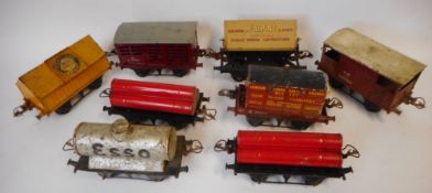 Hornby, an O gauge McAlpine side-tipping wagon: Esso petrol tanker, Blue Circle cement wagon,