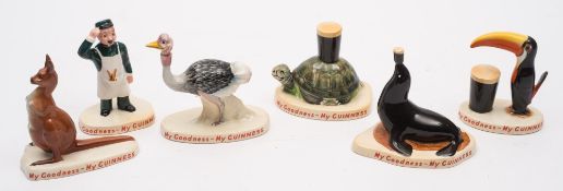 A set of six Carlton Ware Guinness advertising figures:, Zoo Keeper, Toucan, Tortoise, Ostrich,