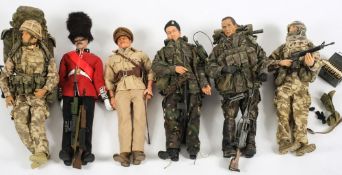 A group of six 1/6th scale military figures:, mainly British Infantry, including a Grenadier Guard,