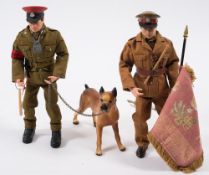 A Palitoy Action Man flock hair Royal Military Policeman with guard dog and a British Army Officer:,
