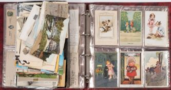 A box of miscellaneous postcards and one part album: includes humour, children, history,