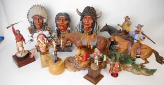 A collection of assorted hand painted resin native American Indians, cowboys mounted,