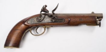 A 19th century flintlock pistol signed London:, the plain 8 inch barrel with fore and rear sights,