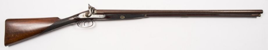 A double barrel percussion cap sporting gun by J Richards:, 30 Damascus barrels with plan rib,
