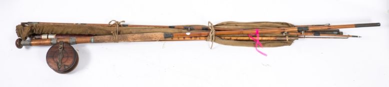 Three spilt cane fishing rods and a mahogany and brass reel :, unsigned.