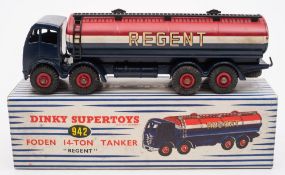 Dinky 942 Foden 14-Ton Tanker in 'Regent' livery:, blue cab and chassis, red, white and blue body,