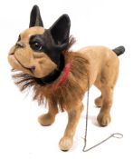 A reproduction French bulldog toy:, with nodding head, and pull chain growler mechanism, 38cm high.