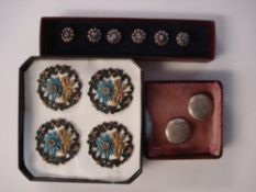 A set of six small cut steel and enamel circular buttons:,