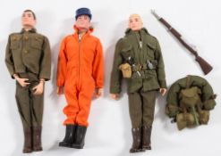 Three Action Man painted hair figures, Action Solder, Action Pilt and Combat Soldier:,