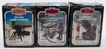 Three boxed Kenner Star Wars Empire Strikes Back accessories:, 'Tri-Pod Laser Cannon',