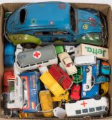 A collection of various model VW cars:, various makers, mostly Beetles and Camper vans.