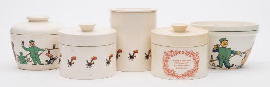 Two Carlton ware Guinness Stilton pots and covers: together with a storage jar,