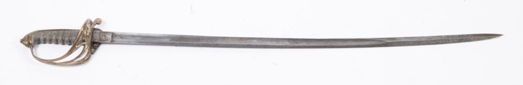 A Victorian Infantry officer's sword:, the acid etched blade with crown and 'VR' cypher,