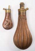 A 19th century copper and brass pistol powder flask:, unsigned,