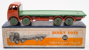Dinky 502 'Foden Flat Truck:, orange cab and chassis, green back,