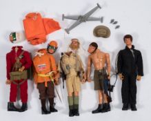 A group of five Action Man figures:, Long Range Desert Group, Red Devil, Mountaineer,