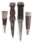 Two Sgian-dubh knives: of traditional form with short double edged blade carved knot work handles