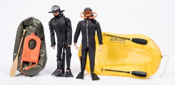 Two Action Man flock hair figures in scuba diving suits: with dog tags,