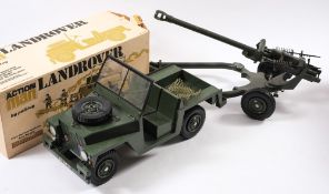 A Palitoy Action Man Land Rover in original box:, with fold down windscreen and strap down tyre,
