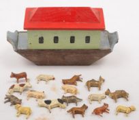 An early 20th century miniature wooden Noah's Ark and animals:, the Ark with red roof,
