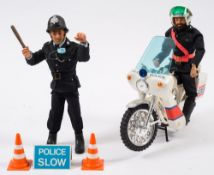 A Palitoy Action Man flock hair Police patrolman together with a Police motorcycle and one other