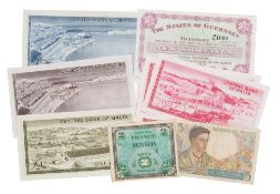 A collection of World Banknotes,: includes Maltese ten shilling, One Pound and Five Pound banknotes,