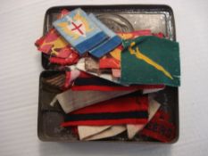 Queen Victoria Boer War tin containing cloth badges: includes, HQ Land Forces Hong Kong,