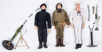 Three Action Man painted hair figures:, Support Weapons with motar and machine gun,