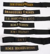 A collection of naval cap bands: includes H.M.S. Belfast, H.M.S. Highburton, H.M.S.