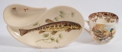 A Sandygate pottery dish: decorated with fish amongst weeds and a partridge and duck decorated cup.