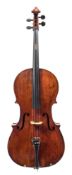 A late 19th century cello:, scroll carved headstock with ebony keys, ebonised finger board,