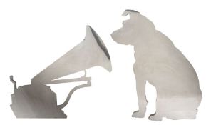His Master's Voice!- A large polished steel dog and gramophone display stand:- 159 x 125cm & 150 x
