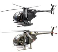 Two 1/6th scale model attack helicopters with three pilot figures:,