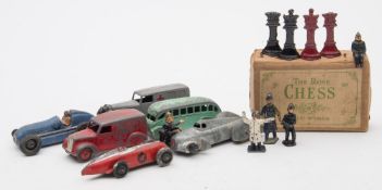 Three early Dinky racing cars together with an ambulance, a bus and a van:,