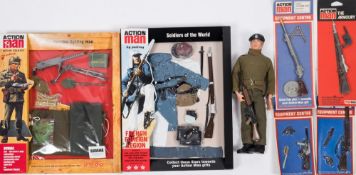 A Palitoy Action Man flock hair Soldier:, together with four weapons blister packs,