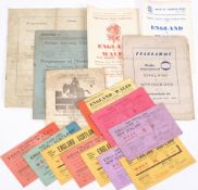 A collection of ten 1930's England rugby international tickets and various programmes:.