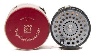 A 4 inch Hardy St Andrews reel:, with line tension, aluminum line guide and foot in case,