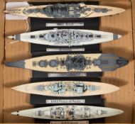 A group of five diecast miniature scale models of battleships:, HMS Hood, HMS Prince of Wales,