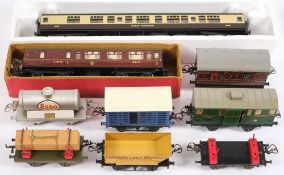 Hornby, assorted O gauge rolling stock: includes No 50 Lumber Wagon, No 1 Rotary Tipping Wagon,